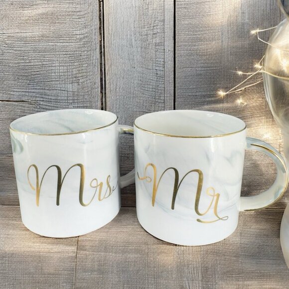 Mr & Mrs Coffee Mug Cup Set Ceramic Marble Coloring Gold Edges Wedding Gift Mugs - Picture 2 of 13